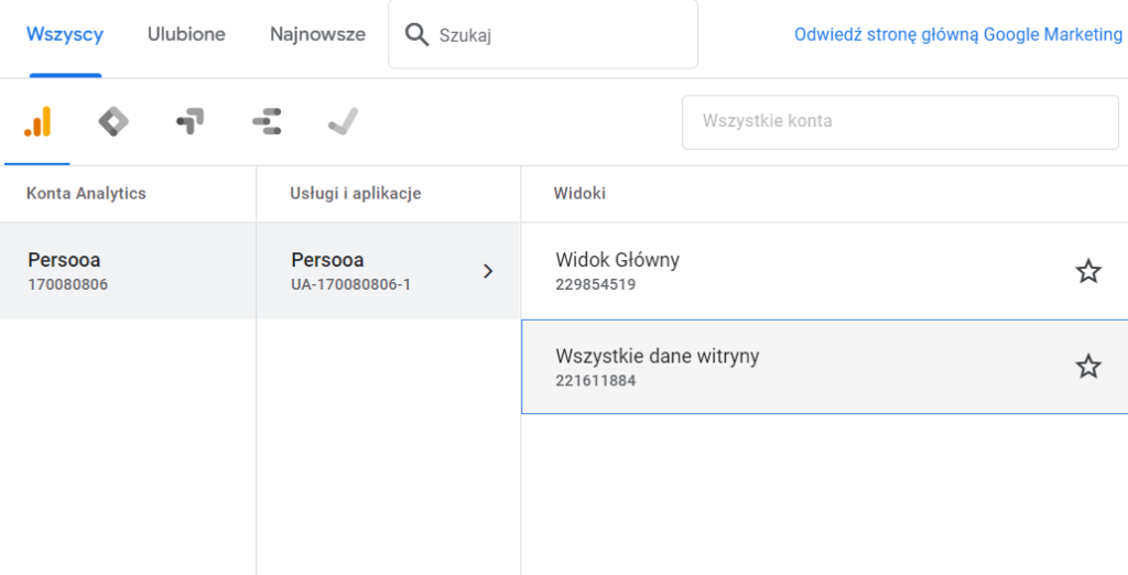 GA widok usług