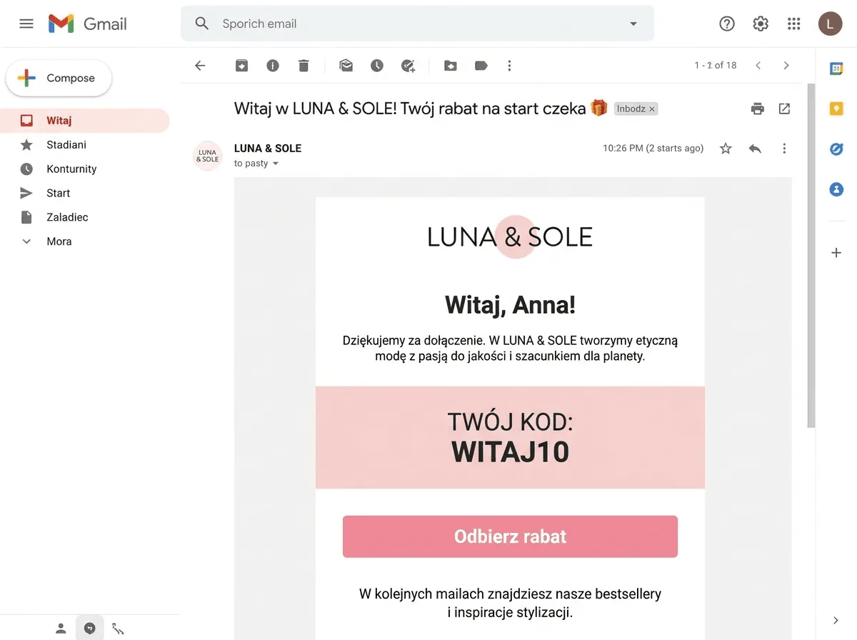 Przykład maila powitalnego