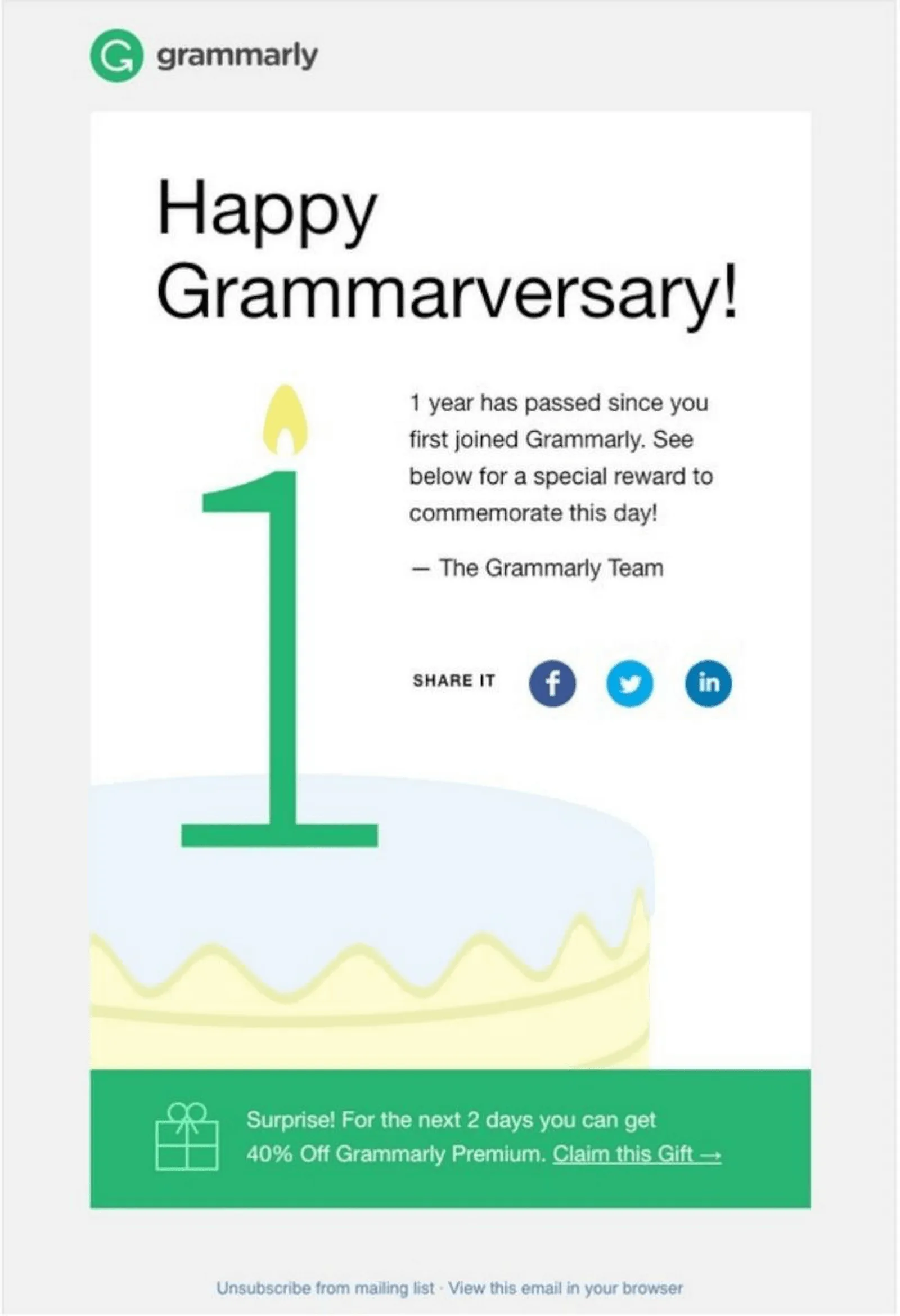 Grammarly wysyła email rocznicowy doceniający