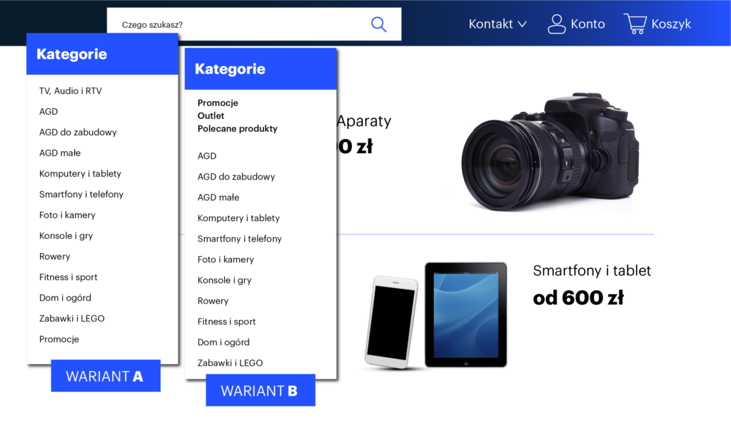 testy A/B różne sposoby ułożenia menu