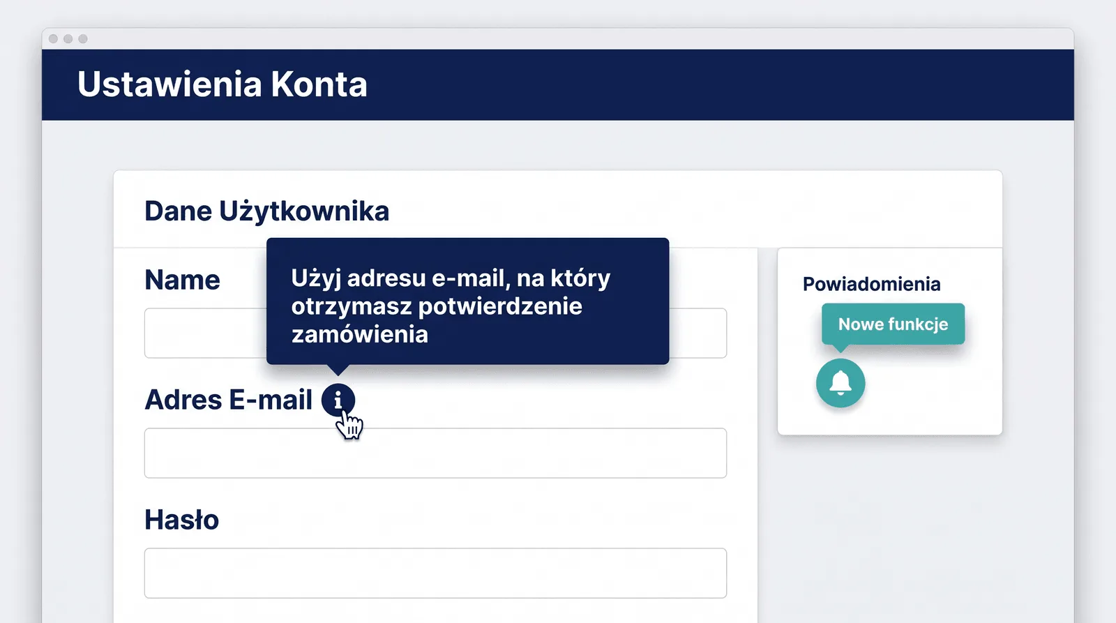 Przykład formularza z widocznym dymkiem tooltip pojawiającym się po najechaniu kursorem